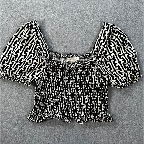 Monteau Los Angeles Puff Sleeve Smocked Crop Top Linen Blend Size XL Black/White - Picture 1 of 8